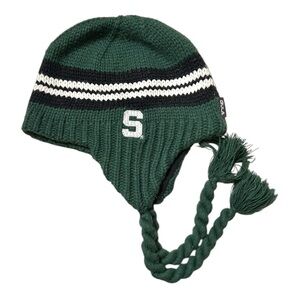 Michigan State Trapper Hat Beanie w/Tassels Green White Ear Covered Knit